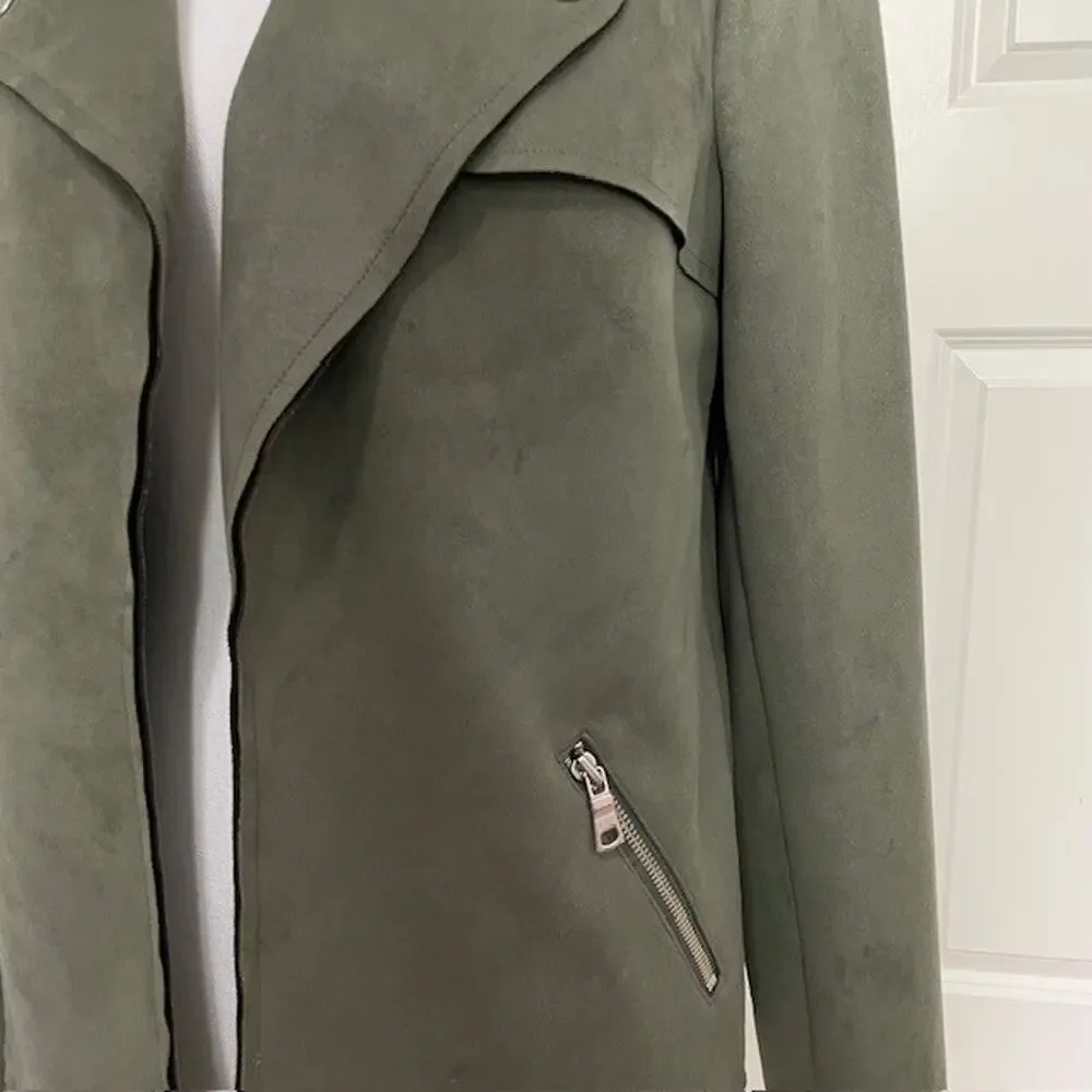 INC Medium Olive Green Faux Suede Vegan Drape Front Jacket Edgy Zipper Woman
